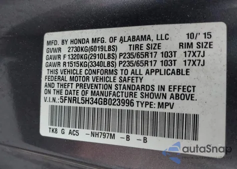 2016 Honda Odyssey Se from USA, damaged, VIN 5FNRL5H34GB023996